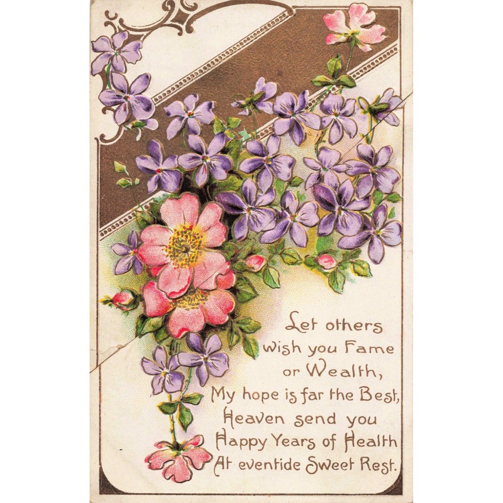 Antique Embossed Floral Postcard Pink Roses Purple Violets Poem Germany 2076 - Picture 1 of 2